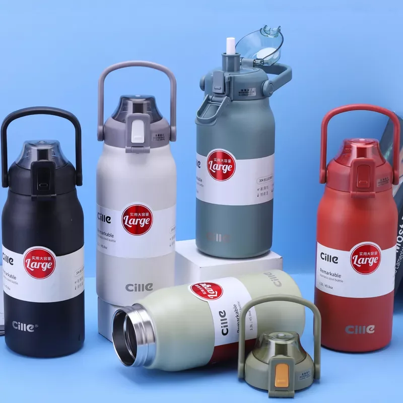

Capacity Thermos 1.3/1.7L Straw Water Bottle Portable Insulated Tumbler Sports Drinking Cup Stainless Steel Vacuum Flasks