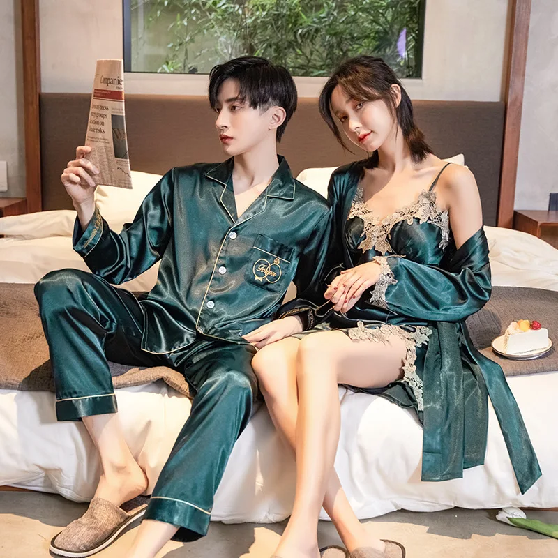 Spring and Summer Silk Couple Nightgown Men's Cardigan Suit Ladies Sexy Nightgown Two-piece Suspender Skirt Thin Bathrobe