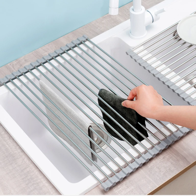 

Foldable Drain Roll-up Dry Tool Stainless Steel Kitchen Sink Storage Rack Bowl & Tableware Storage Fruit Vegetable Drip Dry Rack