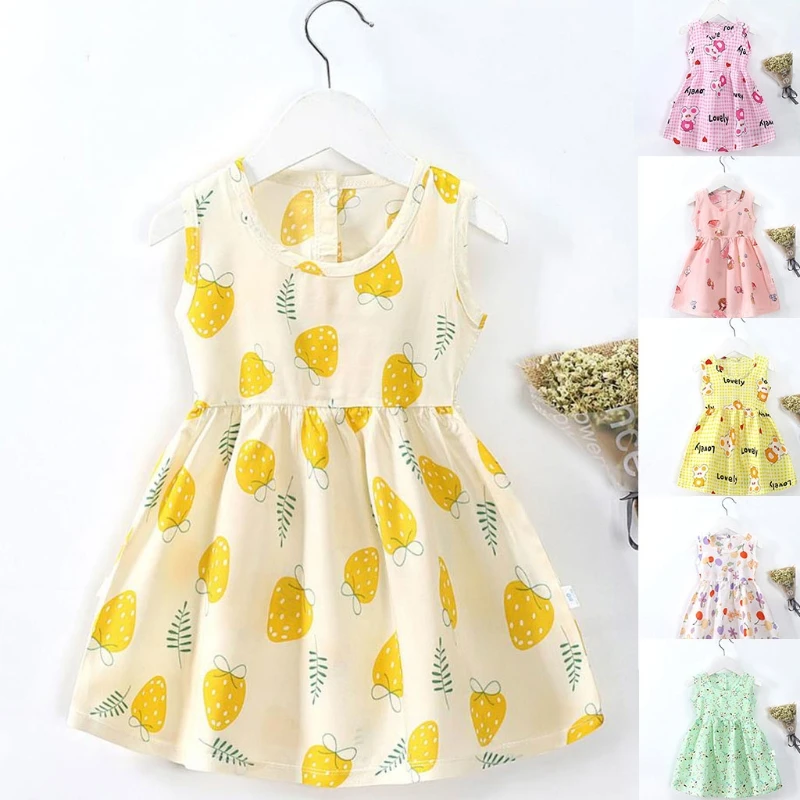 

Girls Summer Sleeveless Dress Cotton Printing Casual Dress Kids Girl Dress Toddler Lovely Dresses Multi-Color