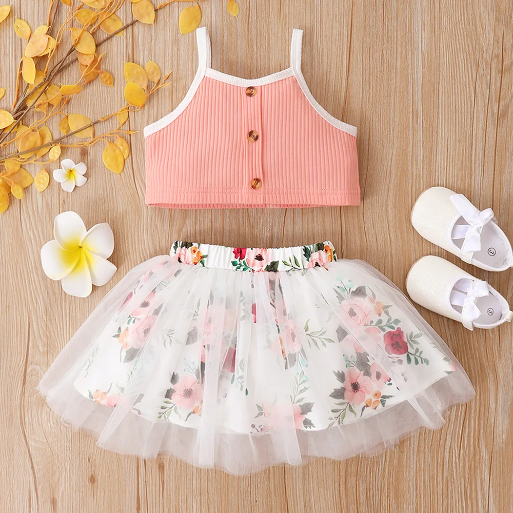 

2022 Summer Children Sets Sleeveless Pink Button Tops Mesh Print Floral Skirts 2Pcs Girl Roupa Infantil Menina Clothes Sets 0-2T