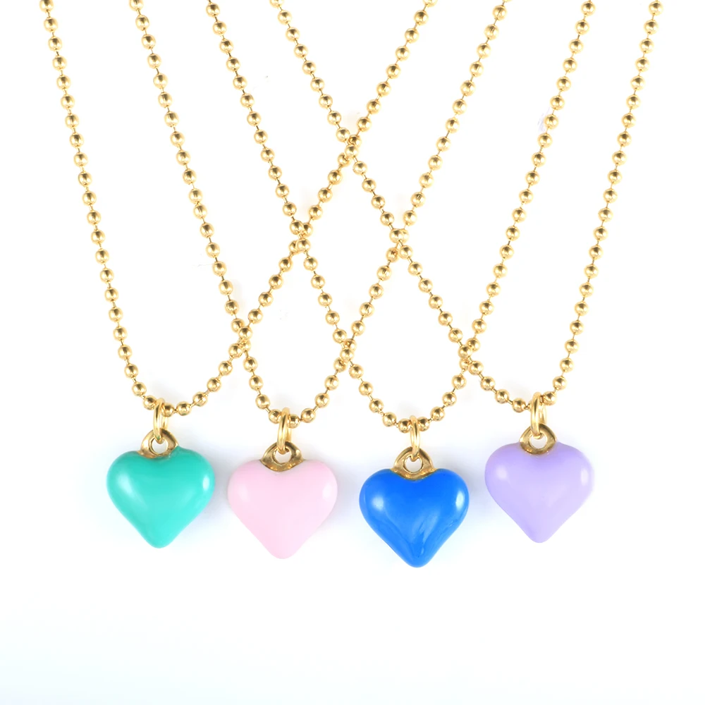 

JINHUI Stainless Steel Tarnish Free PVD Plated Waterproof Colorful Enamel Heart Pendant Bead Chain Necklace for Women Girl