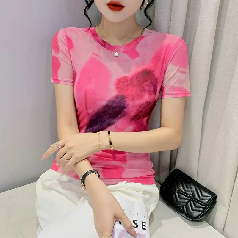 

Женская футболка с коротким рукавом, элегантная приталенная розовая футболка с круглым вырезом и принтом, лето 2022