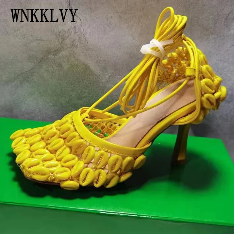 

2022 New Summer Runway Cut Outs Ankle Strap Sandals Weave Solid Color Pumps Stiletto Brand Design Fashion Sandals Ladies