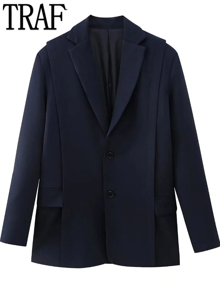 

Темно-синий Длинный блейзер TRAF для женщин 2022, Повседневная Женская куртка с длинным рукавом, женские плиссированные зимние пальто