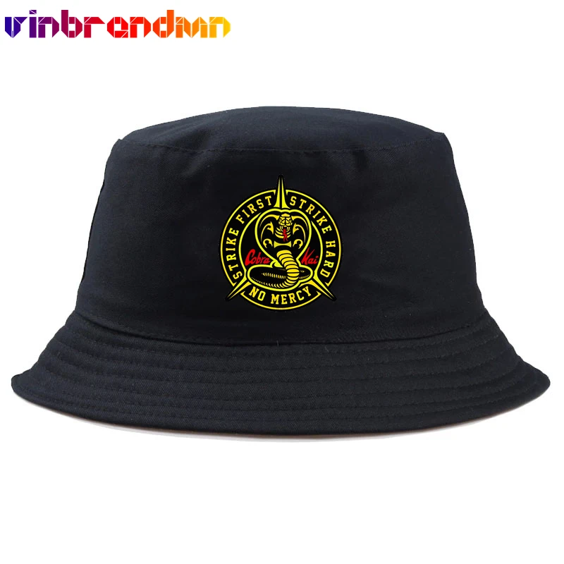 

New Cobra Kai Snapback Cap Strike Hard Strike First No Mercy Bucket Hat Sun Visor Adult Cool Elapoid Snake Print Beach Sun Caps