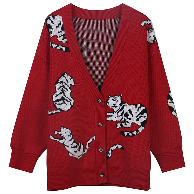 2022 Spring Retro Tiger Print Red Long Cardigan Jacket Ladies Loose Cardigan Sweater V-Neck Long Sleeve Large Knit Cardigan New