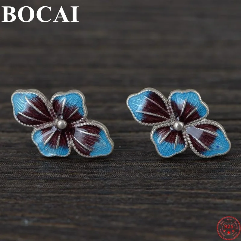 

BOCAI S925 Стерлинговое Серебряные серьги богатый и голубыми цветами Burnting тайский Серебряные ювелирные изделия чистый Argentum Эмалировка ухо шпил...