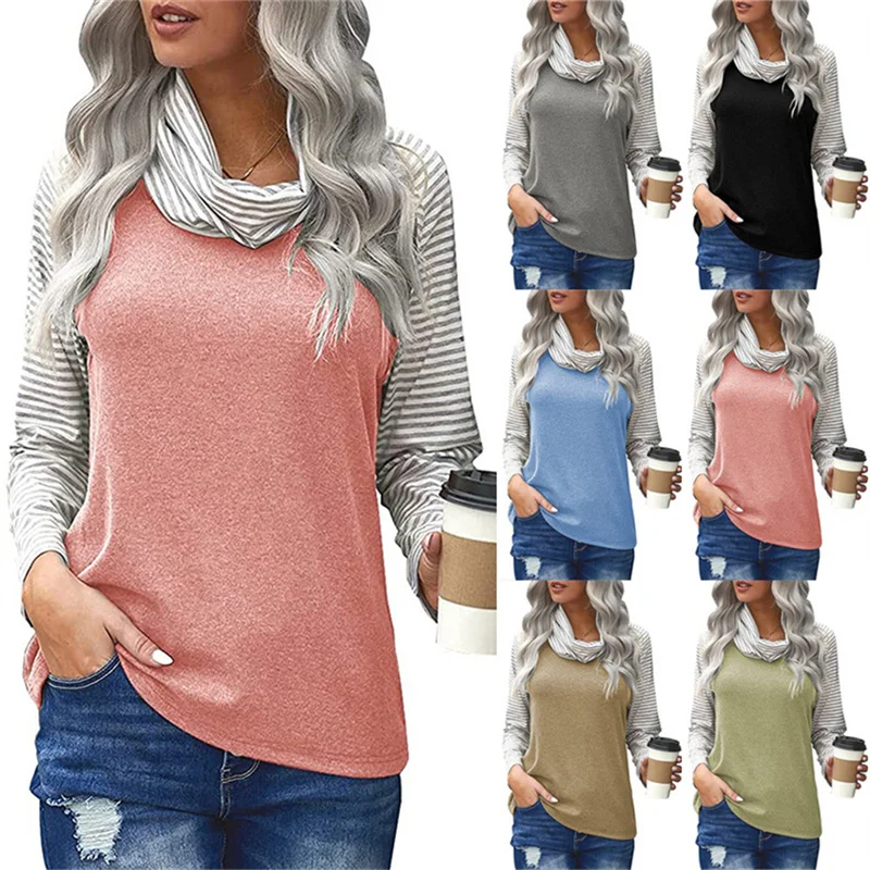 

2022 Autumn Winter Women's Tops Fashion Striped Turtleneck Color Matching Long-Sleeved T-Shirt Ladies Casual Loose Splicing Tees