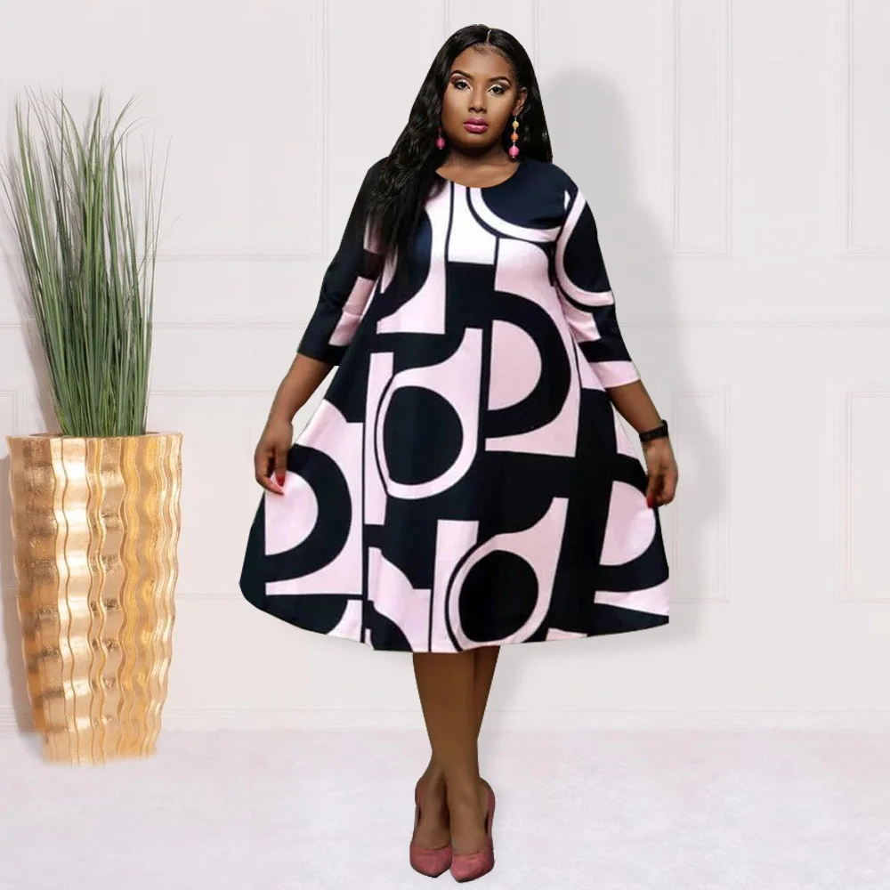 Plus Size Women's Dress New Fashion Autumn Winter Printing Round Neck Medium Sleeve Large Swing Dress Loose Female Clothes