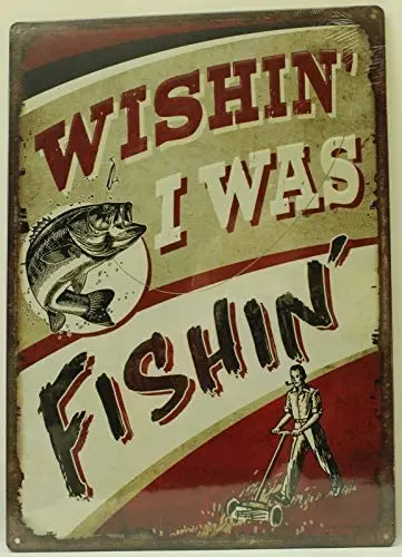 

Wishing I was Fishing Embossed Angler Fly Bass New Vintage RetroRetro Metal Tin Sign 8x12inch Room bar Decoration