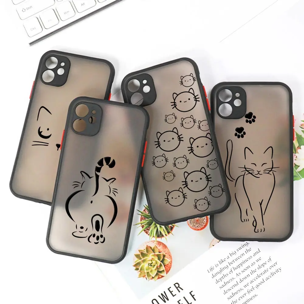 

Funny Cat Matte Case For iPhone 14 13 Pro Max 12 11 Pro SE 2 X XS XR 7 8 Plus Luxury Fundas Clear Back Cover Black Line Art Cats