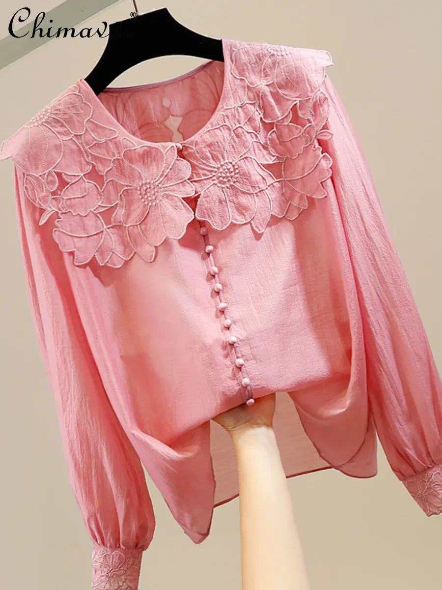 

Embroidery Fashion Hollowed-out Design Sweet Doll Collar Shirt 2023 Spring New Fashion Single-Breasted Thin Blouse for Women