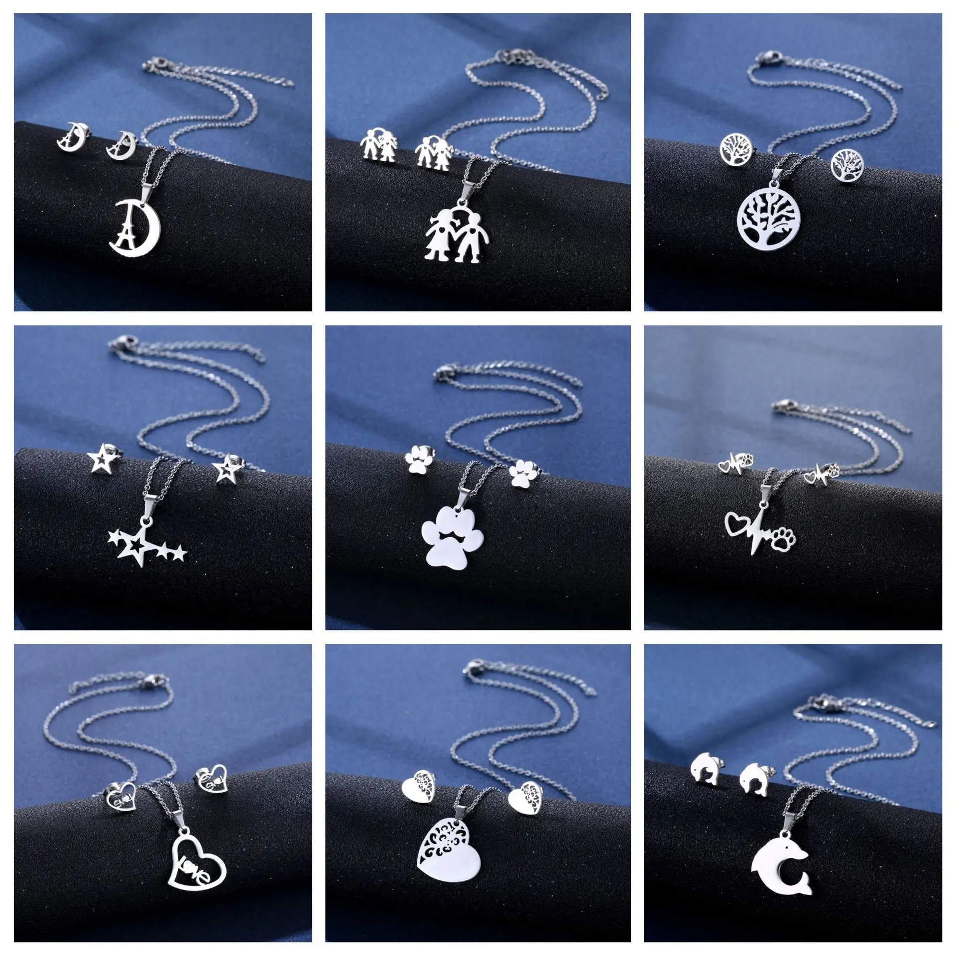 

WANGAIYAO new stainless steel ear stud necklace set female fashion simple temperament ear stud clavicle chain two-piece accessor