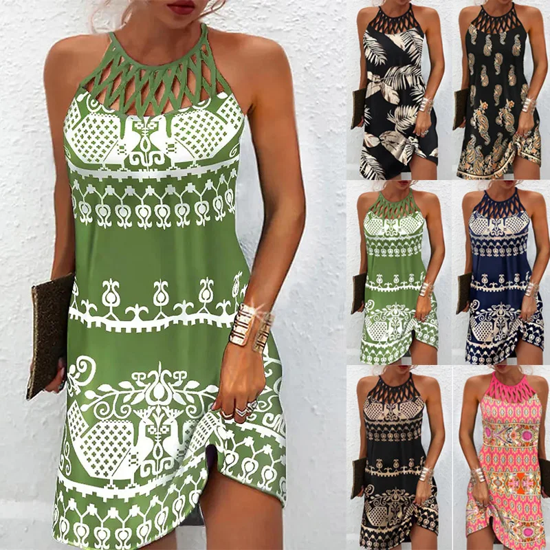 Summer 2022 Women's Elegant Round Neck Vintage Cutout Neck Sleeveless Halter Print...