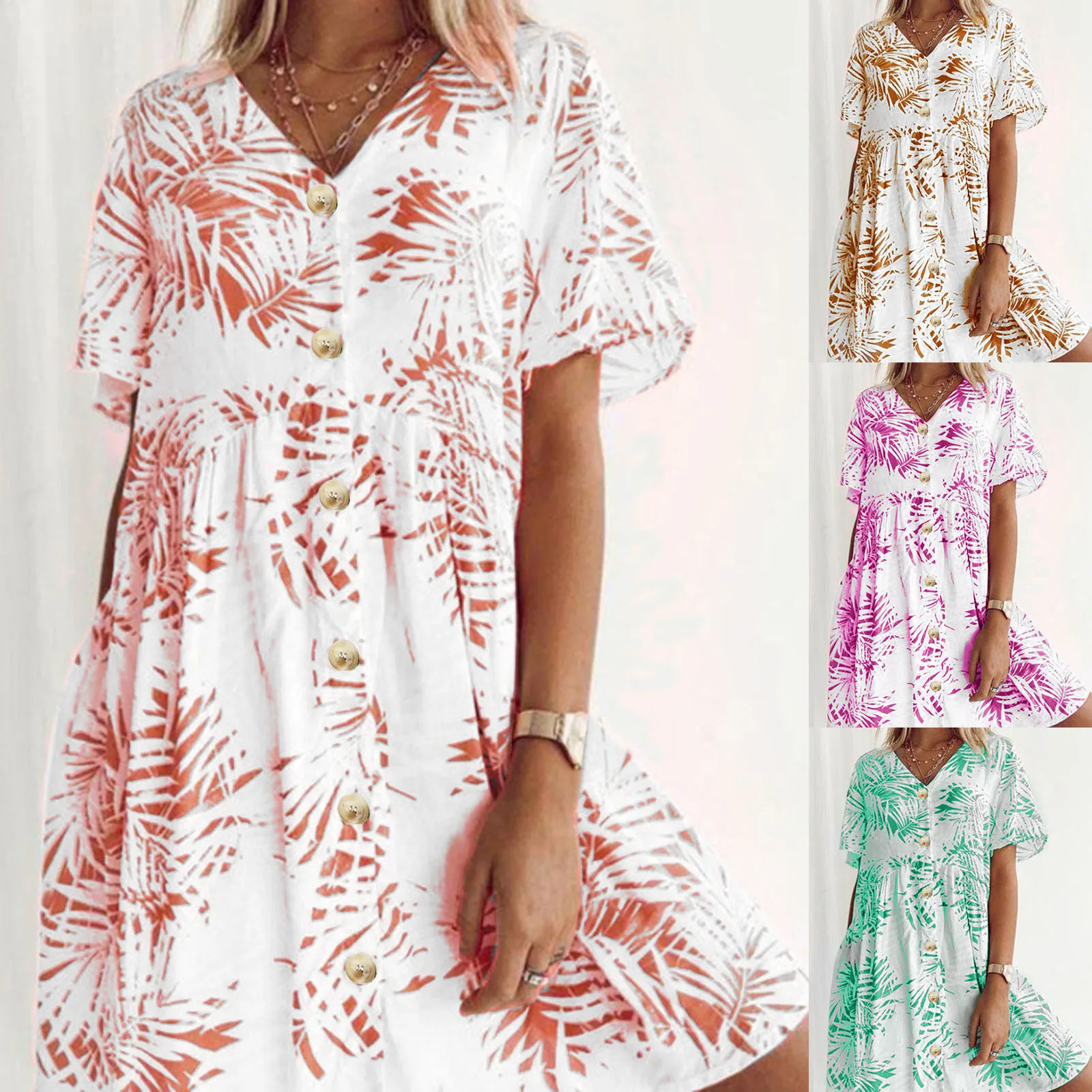 

Womens Polka Dot V Neck Button Down Ruffles Loose Mini Short T Shirt Dress Floral Sleeve Shirt