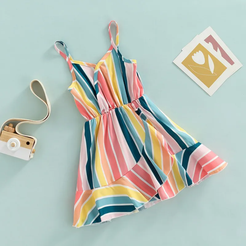 

Kid Girls Casual Dress Summer Clothes Sling V Neck Sleeveless Contrast Color Vertical Stripe Ruffle Dress Clothing for Girls