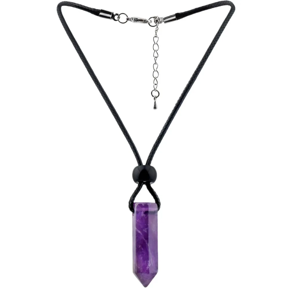 

TUMBEELLUWA Amethyst Purple Crystal Hexagonal Pointed Healing Reiki Chakra Pendant Necklace Black Wax Cord Unisex Jewelry