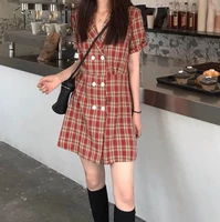 red green plaid suit dress women 2021 summer new polo collar double breasted dress female short sleeve mini short dress