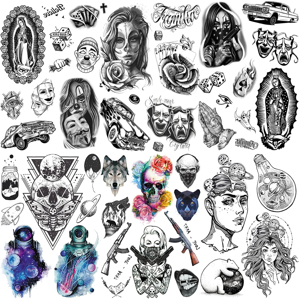 Временные татуировки Chicano с черепом для мужчин и взрослых, реалистичные наклейки с имитацией татуировки Ayasa как можно быстрее, водостойкие татуировки для рук