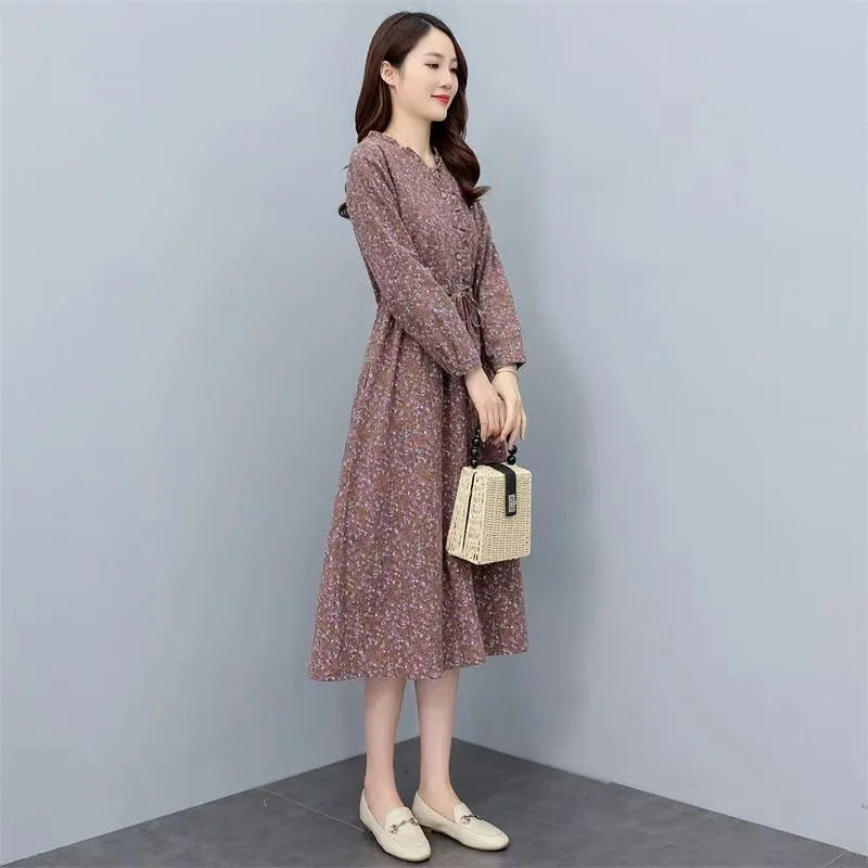 Новинка 2023 года весна-лето женские платья миди с длинным рукавом и v-образным