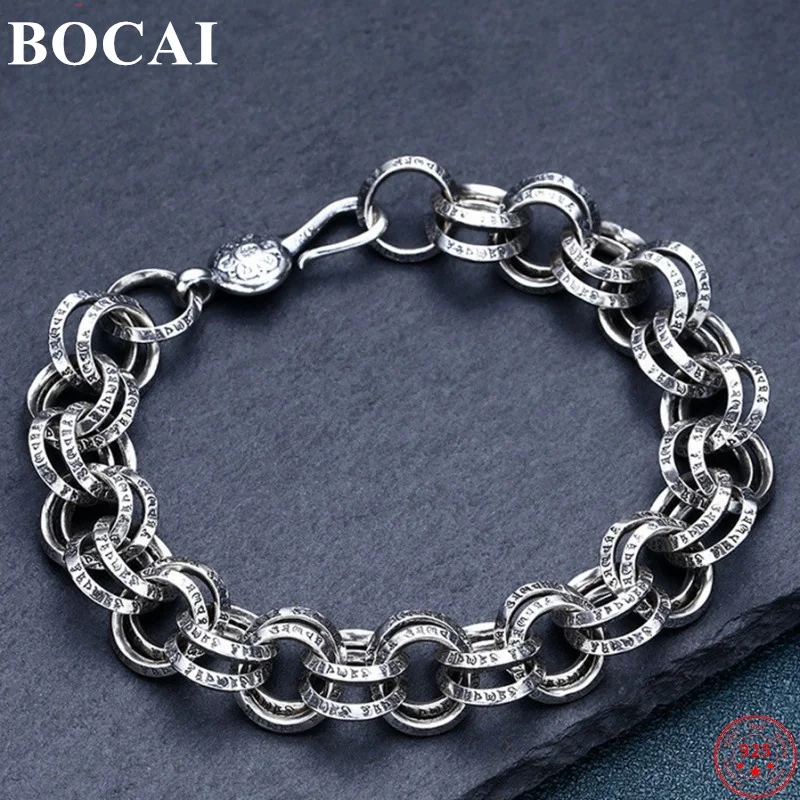 

Модный браслет BOCAI из стерлингового серебра S925 пробы, популярный мужской Амулет из чистого серебра 2022 пробы с шестью звеньями мантрой и двойной круглой цепочкой