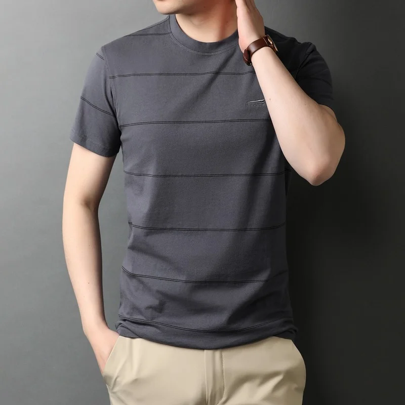 

Short T Shirt O-Neck White Gray Dark Blue Short-sleeved Loose 2022 Thin Casual Tops MEN Tees Daily Striped Oversized T Shirts