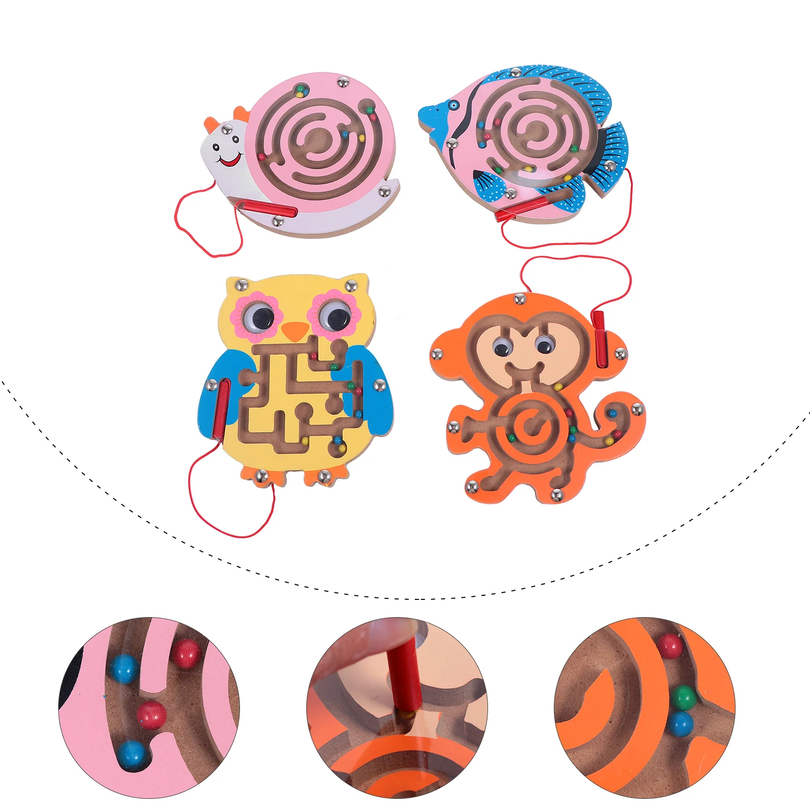 

4 Pcs Maze Wooden Jigsaw Puzzles Kids Pen Driving Bead Magnetic Beads Toy Animals Infant Puzzling Game Toys