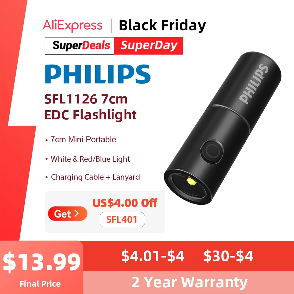  Philips Newest 7cm Portable Flashlight 7 Lighting Modes LED Rechargeable Mini Flashlights Camping Lamp for Hiking Self Defense 
