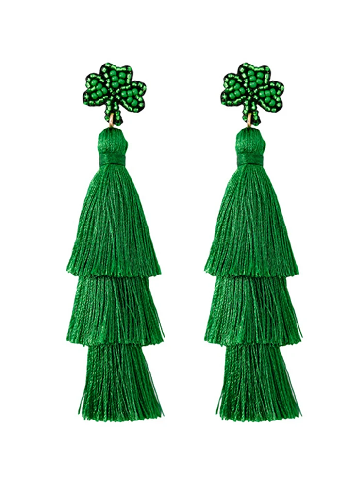 

Free Shipping New Clover Tassel Ethnic Earrings Green Leaf Earrings for Women Accessories 2023 Trending Patrick's Day Bohemian