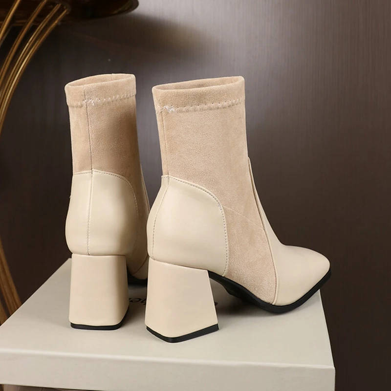 Botas De Mujer 2023 Ankle Womens Boots Plush Warm Winter Elastic Short Socks Boots Square Toe Heels Gothic Shoes