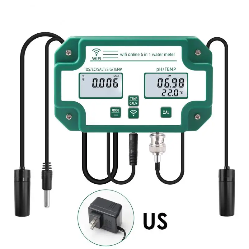 

6-in-1 Multifunction PH EC TDS SALT SG.Temp Meter Digital Water Quality Tester WiFi Smart Monitor Tuya APP Control US/EU/UK Plug