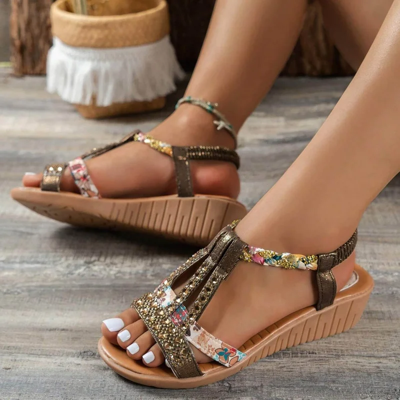 Women Wedge Sandals 2023 Summer New Bohemia Style High Heels Fashion Open Toe Rhinestones Elastic Strap Outdoor Dressy Sandals