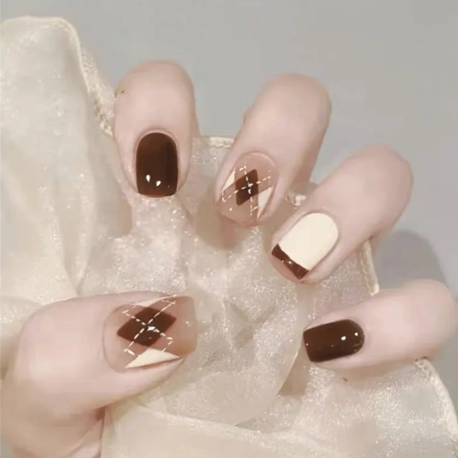 

24 Pieces/box of Coffee School Style Ballet Wearable False Nails Pressed on Square Heads Full Set of Removable Finished Nails
