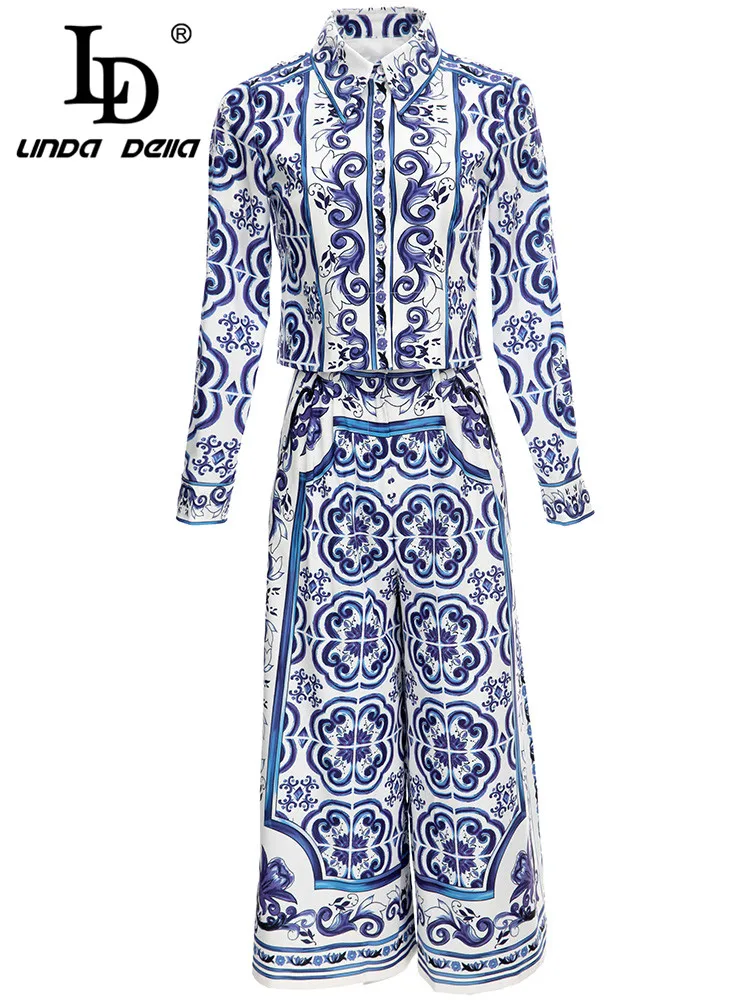 LD LINDA DELLA Designer Autumn Winter Blue and white porcelain Set Women Long sleeve Single-breasted Shirts＋Pants 2 Pieces Suit