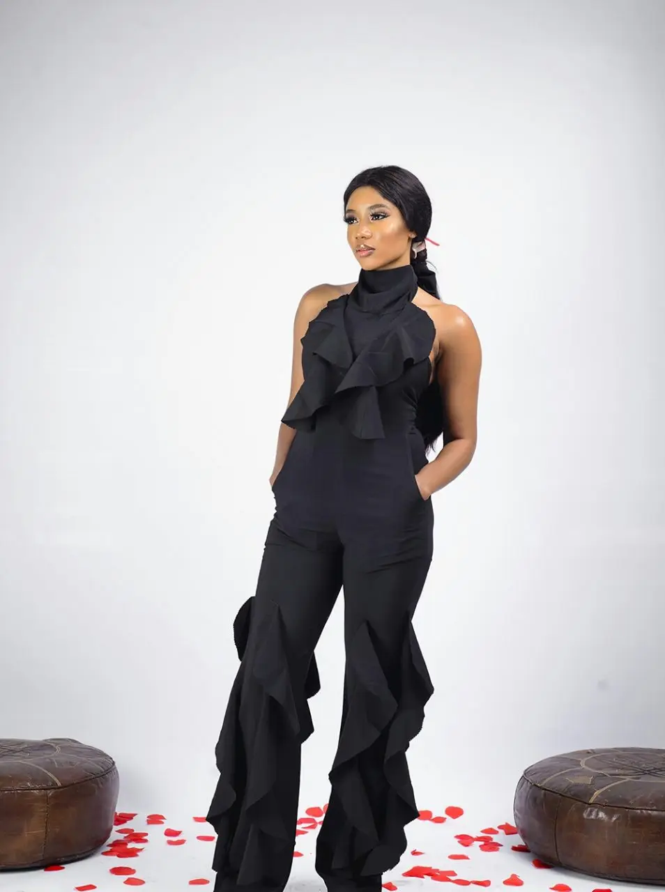 

Женский комбинезон с открытыми плечами, однотонный элегантный комбинезон составного кроя с оборками и широкими штанинами, Клубная одежда, ...