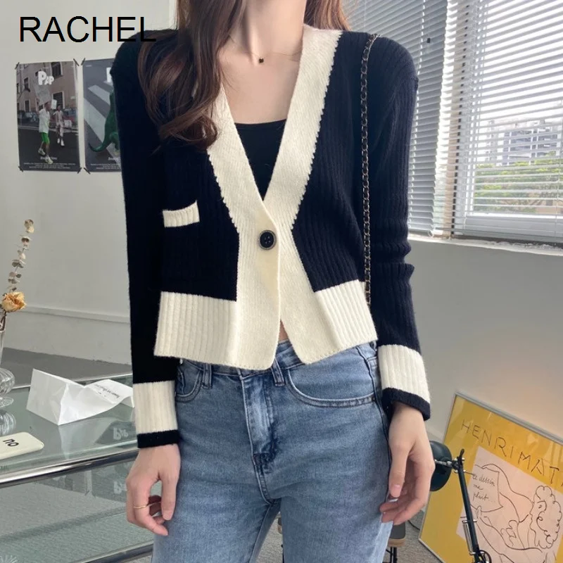 

Кардиган контрастных цветов с V-образным вырезом, свитер, мягкая трикотажная одежда, Топ с длинным рукавом и высокой талией, осенняя женская ...