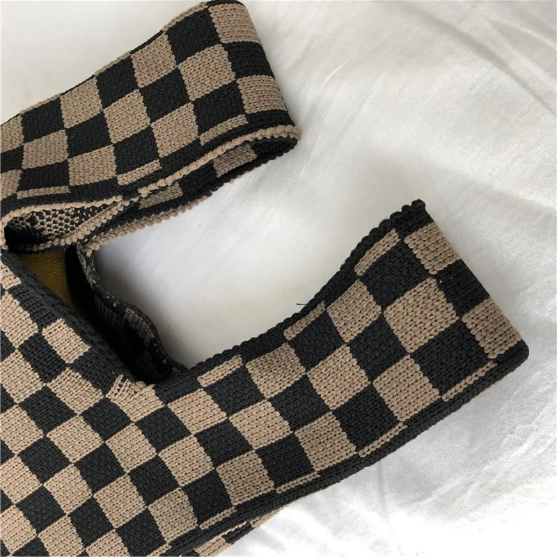 Вместительная клетчатая вязаная женская сумочка с рисунком гусиная лапка модный