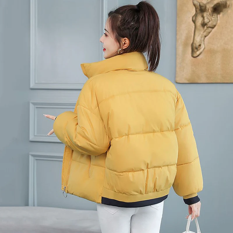 Winter Warm Loose Cotton Padded Parkas Korean Stand Collar Long Sleeve Pockets Thicken Coat Snow Wear Casual Women Short Jackets
