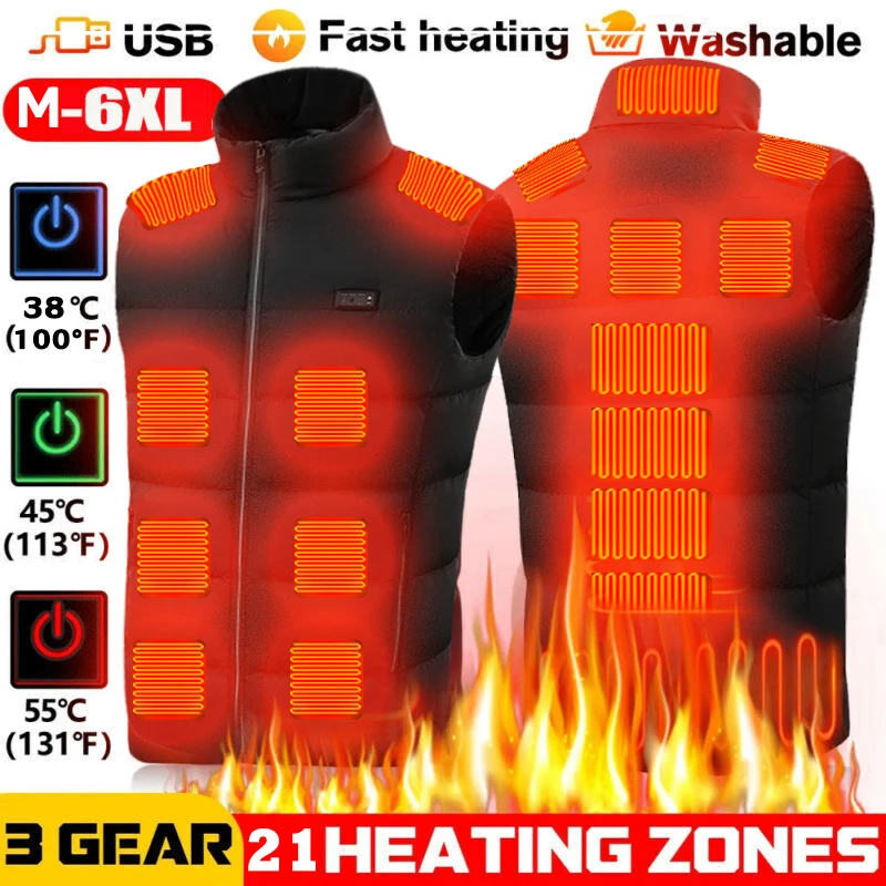 

Men's USB Electric Vest Jacket Double Control 9/11/21 Zone Constant Temperature Heating Vest Winter Skiing Riding Warm Vest