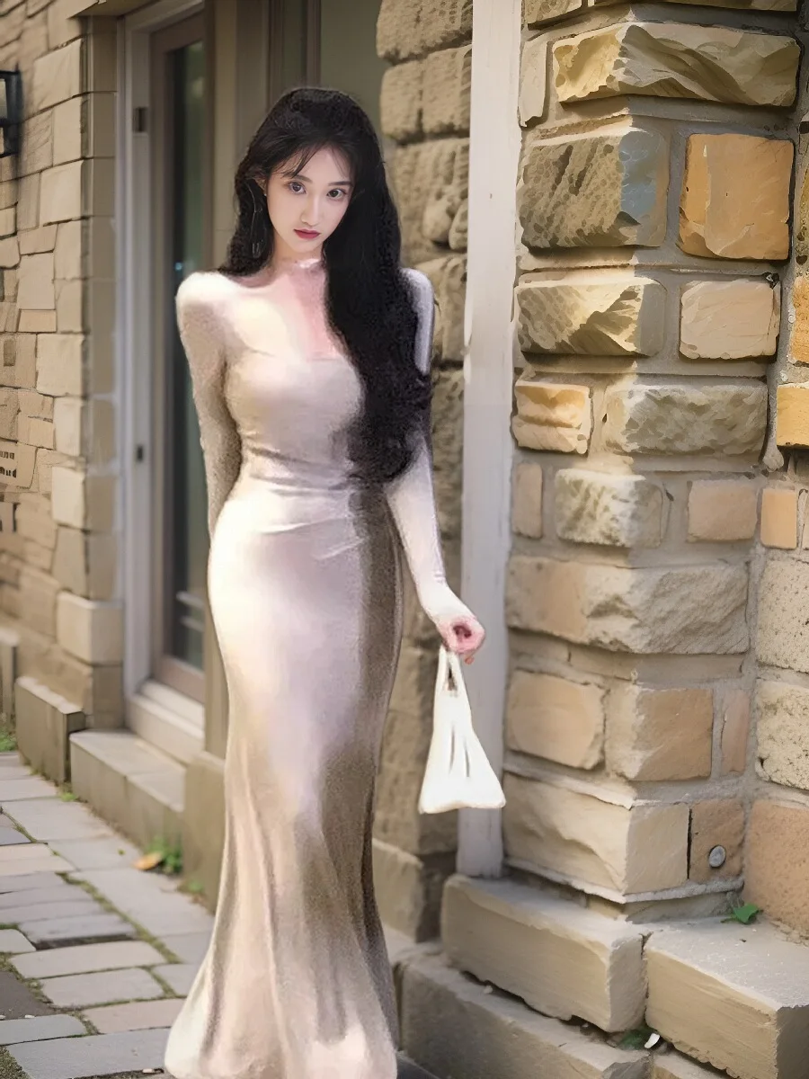 Французское вязаное платье с квадратным воротником и длинными рукавами женское