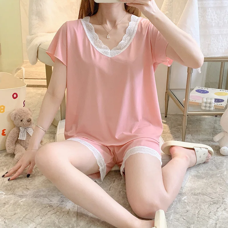 Summer Women Girl Fashion Cute Solid Color Set Pajamas Stylish Lace Sleepwear