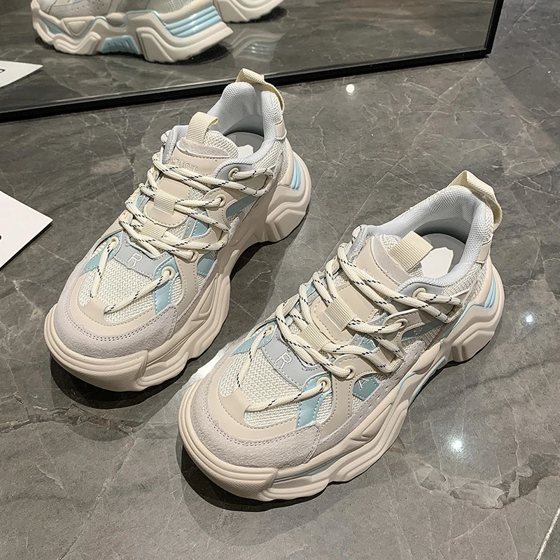 

Женские массивные кроссовки, бежевые повседневные сетчатые кроссовки на платформе, с вулканизированной подошвой, большие размеры до 44, вес...