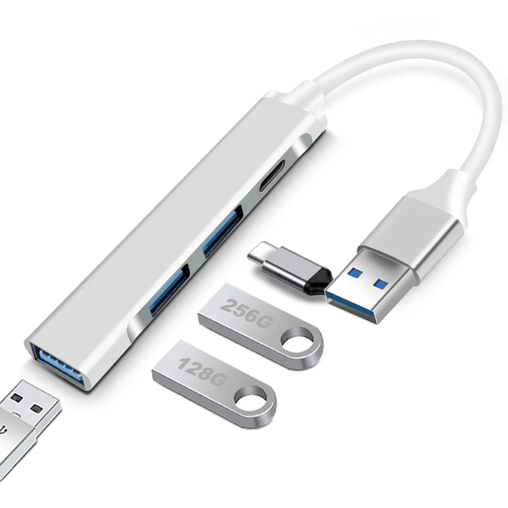 Фото Мини-USB-концентратор типа C, 4-портовый адаптер USB 3.0, мульти-сплиттер, док-станция 4 в 1, ультратонкая сверхскоростная алюминиевая док-станция для портативных ПК №3