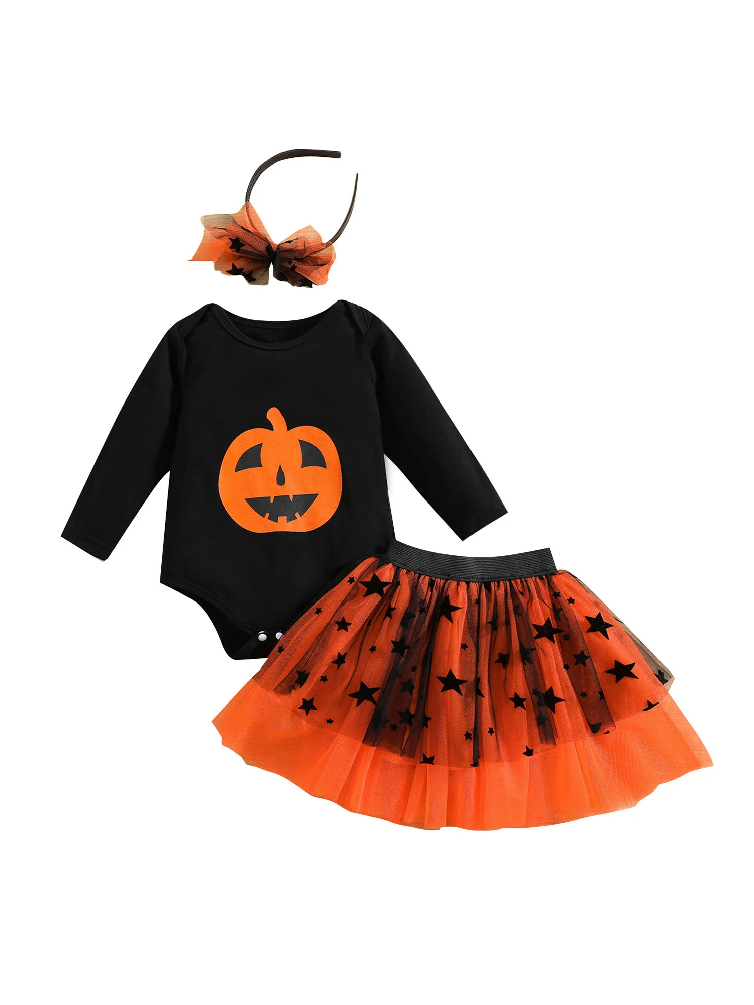 

Baby Girl s Halloween Romper Set Long Sleeve Pumpkin Printed Romper Stars Mesh Tulle Skirt Hair Hoop