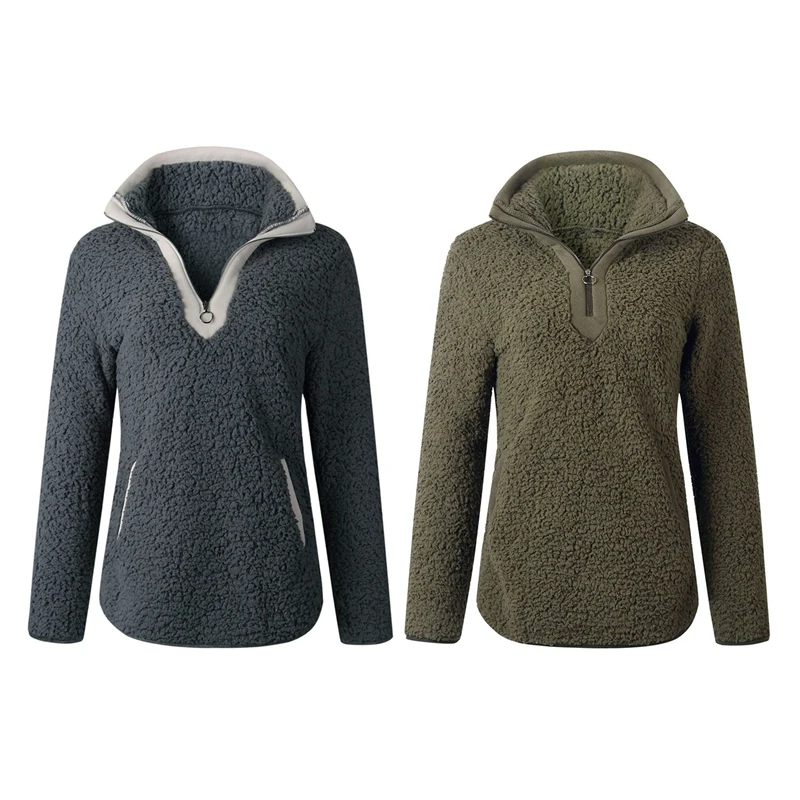 

2Pcsc Sherpa Sweater Teddy Fleece Pullover Half Zipper Sherpa Fleece Tops Female Warm Coat Sweaters L Green & Dark Gray