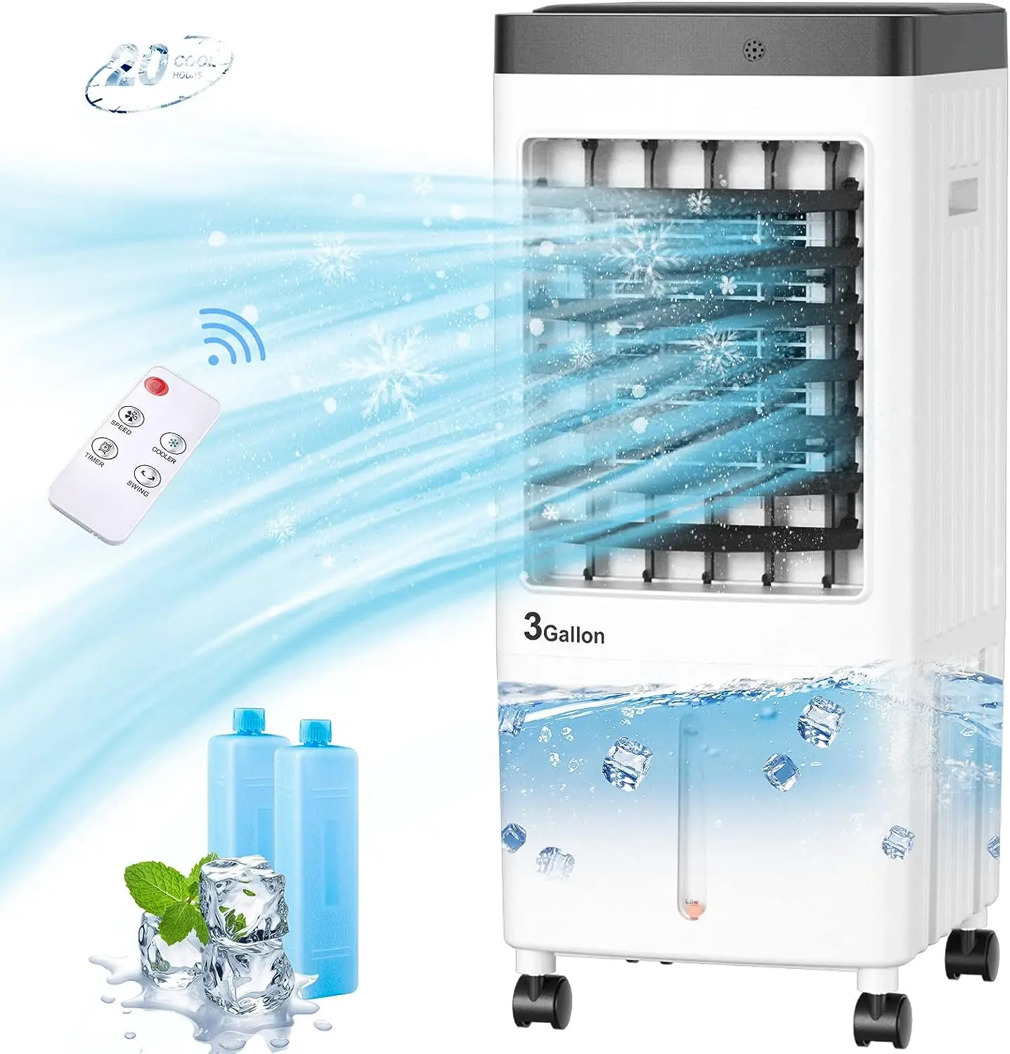 Air Conditioners,3-IN-1 Air Conditioner Portable for Room, Evaporative Air Cooler with 3 Gal Tank, 3 Speeds&7H Timer, 60° O Cof