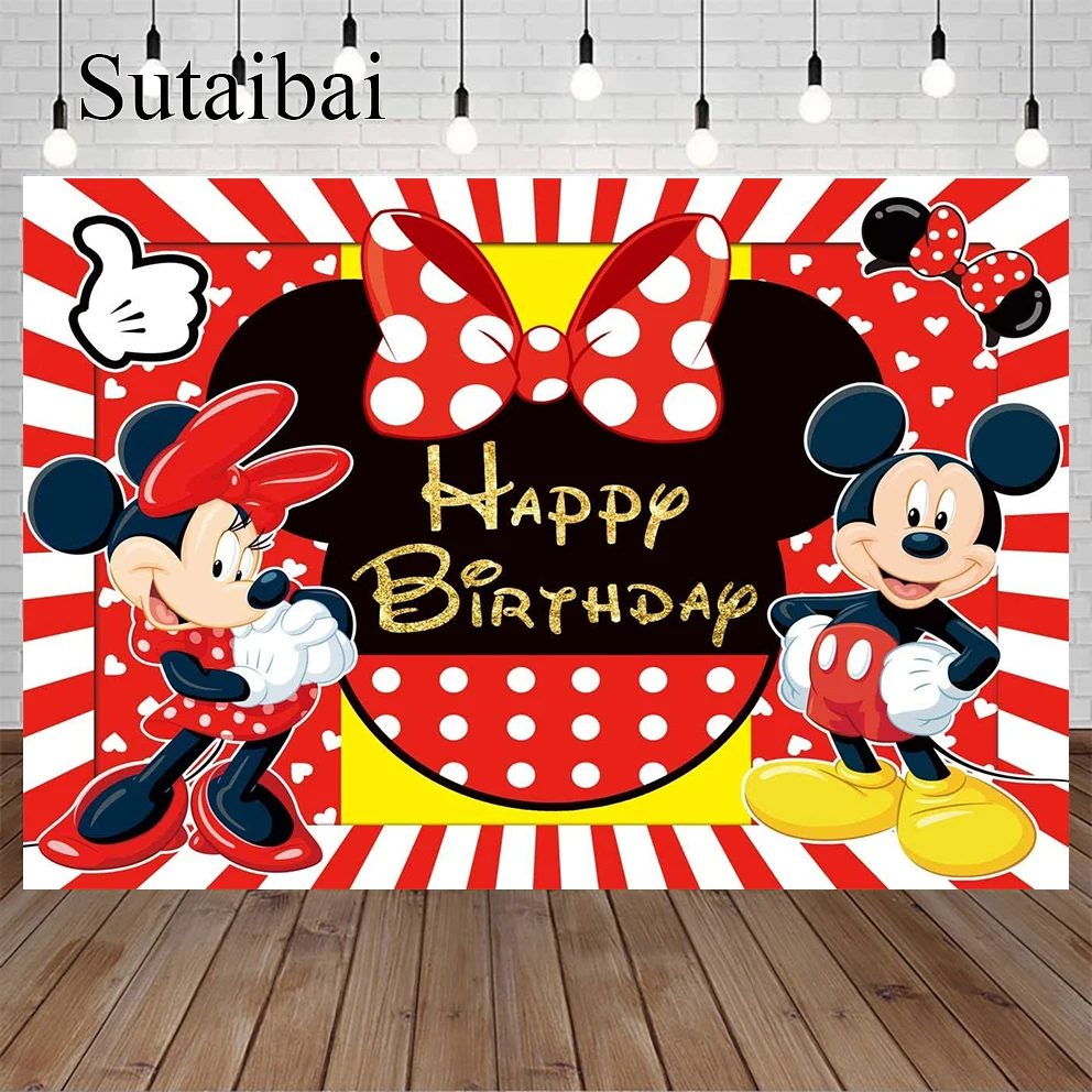 

Фон для фотосъемки с изображением Микки и Минни Маус, розовый фон для дня рождения принцессы для девочек, ярко-розовые полосы, белые цветы, ф...