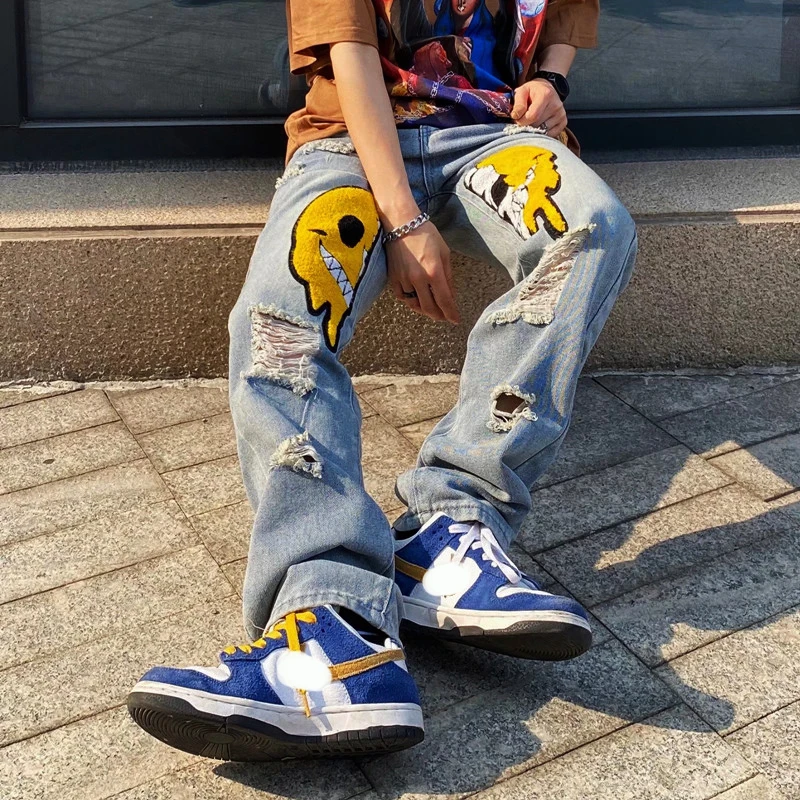 Men's Printed Smiley Embroidery Fashion Ripped Baggy Sweatpant Y2K Clothes Straight Jeans Pants Straight Goth Denim Trousers Man