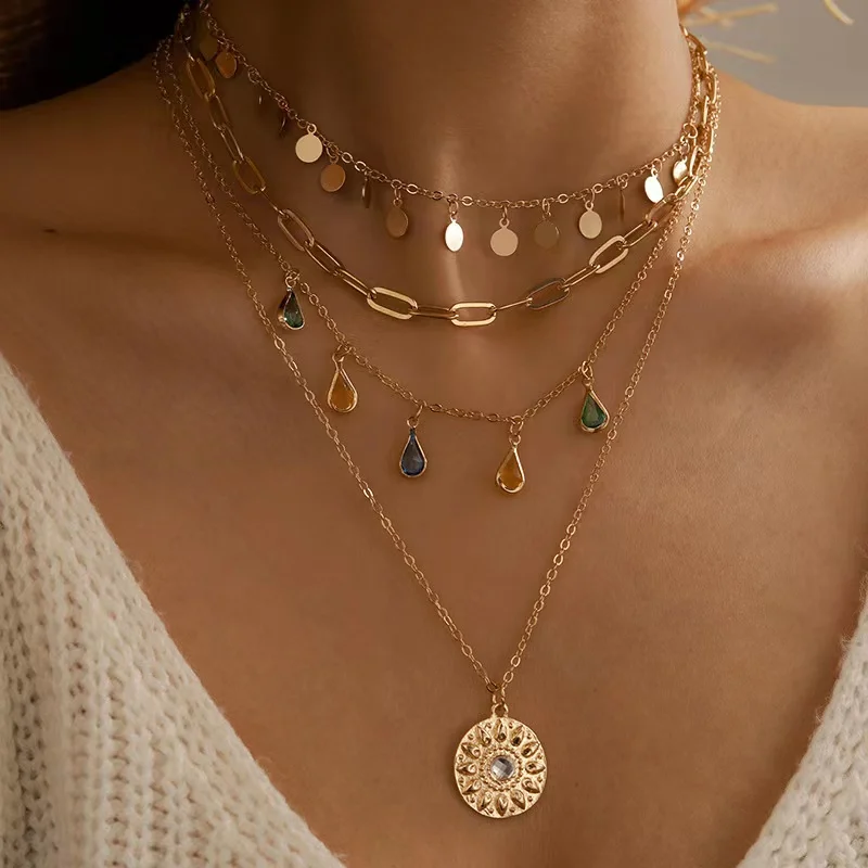 

Geometric Disc Multi-layer Tassel Colour Crystal Pendant Necklace For Women Korean Fashion Necklaces Birthday Party Jewelry Gift